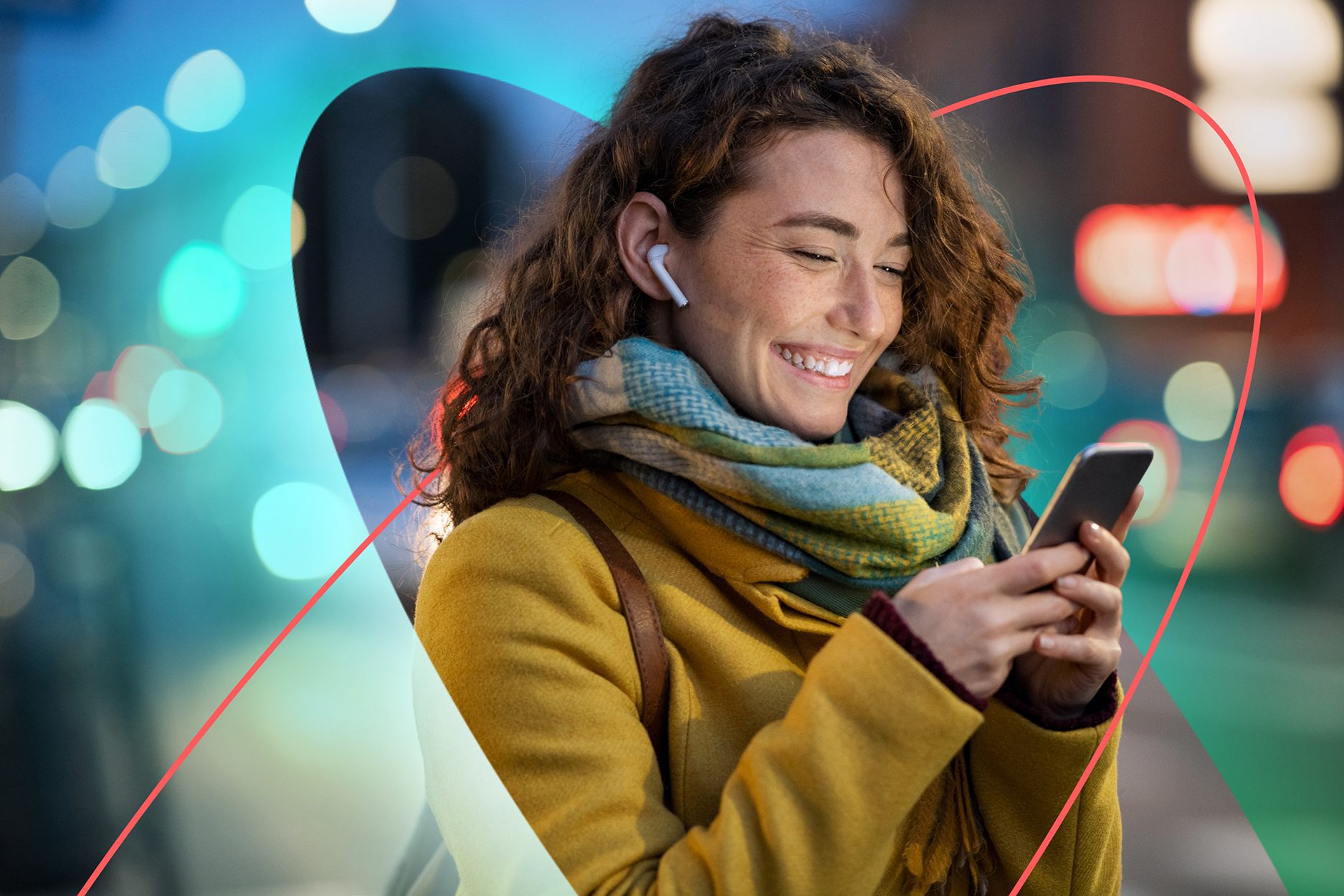 woman in a yellow coat and scarf standing outside looking at her phone with a blue-green ellipse surrounding her