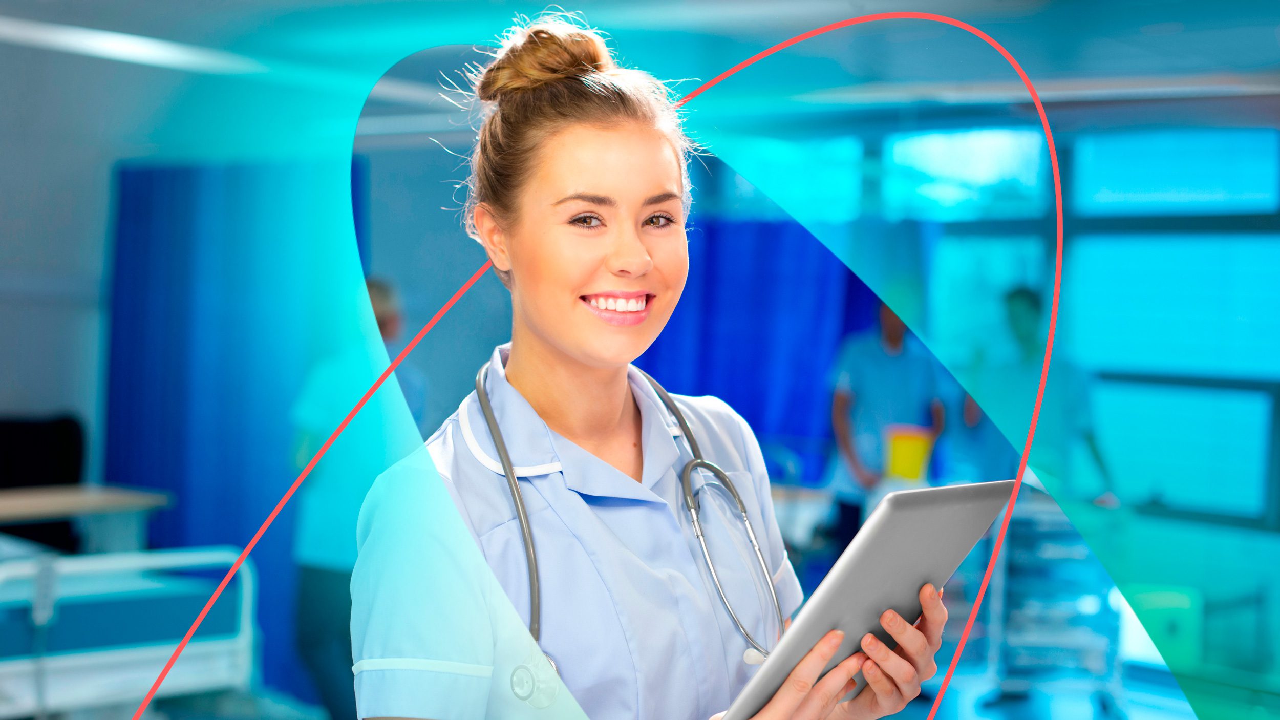 woman in NHS uniform smiling while holding an iPad