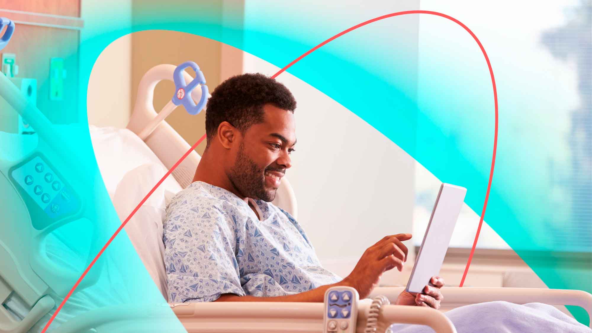 patient in a hospital bed smiling at a phone