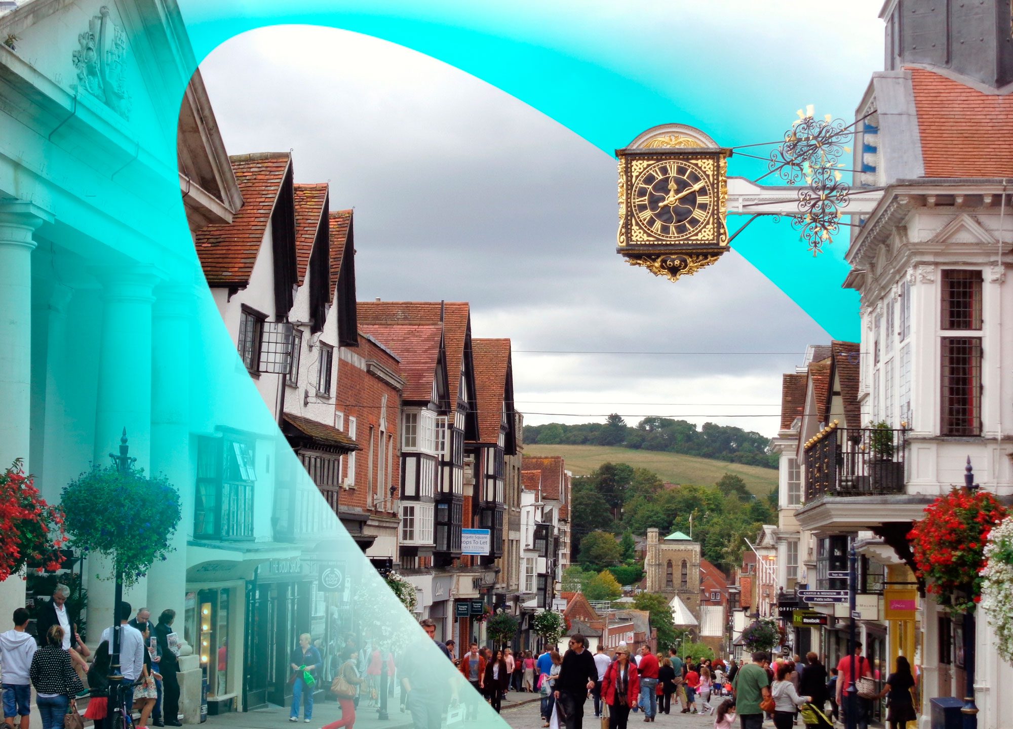 Guildford town centre looking busy with a Freshwave orb over the image promoting the idea of mobile connectivity outdoors